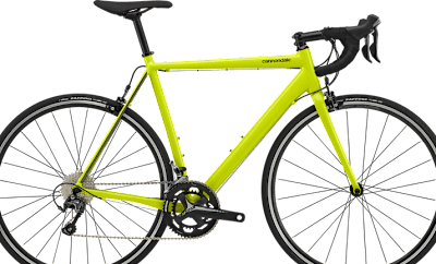 De fluogele Cannondale CAAD Optimo Tiagra mountainbike met zwarte accenten.