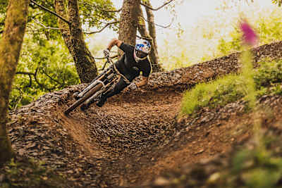 Gee Atherton in action at Dyfi bike park. 