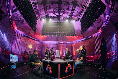 Saul Leonardo ‘MenaRD’ Mena II and Adel ‘Big Bird’ Anouche playing Street Fighter in the Red Bull Kumite cage in Las Vegas, Nevada on November 14, 2021