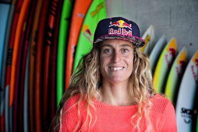 Justine Dupont poses for a portrait at Red Bull Base in Nazaré, Portugal on November 8, 2017.