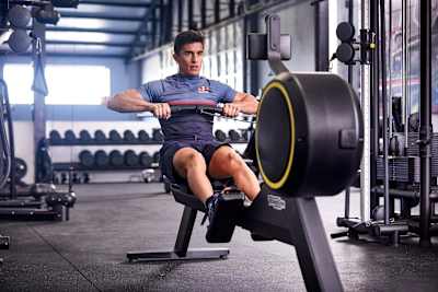Marc Marquez trains on a rowing machine in Cervera, Spain on November 20, 2017.