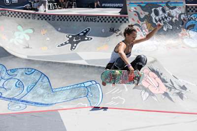 Lizzie Armanto does a frontside air at the Vans Park Series in Huntington Beach, CA, USA on 3 August, 2017.