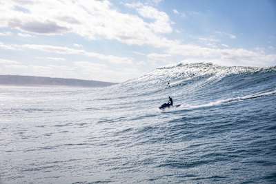 Professional big wave surfer Lucas "Chumbo" Chianca tows into a wave at Nazaré, Portugal, on October 29, 2020.