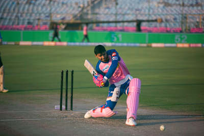 Riyan Parag plays a shot during a training session for Rajasthan Royals at the Sawai Mansingh Stadium.
