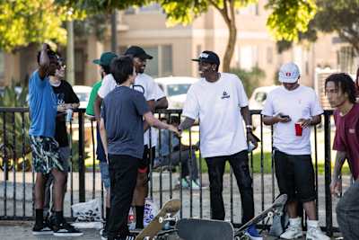 Kareem kicks it with some of his LA crew at the skatepark.