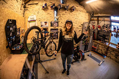 Rachel Atherton seen inside the bike workshop at Atherton HQ in Wales in 2021.
