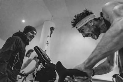 Gee Atherton training on a stationary fitness bike.