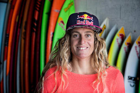 Justine Dupont poses for a portrait at Red Bull Base in Nazaré, Portugal on November 8, 2017.