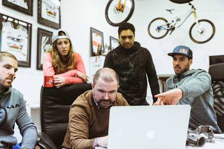 The Atherton Bikes team during the design process of the Atherton Bikes DH prototype in the Dyfi, Wales on January 12, 2018.