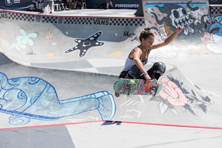 Lizzie Armanto does a frontside air at the Vans Park Series in Huntington Beach, CA, USA on 3 August, 2017.