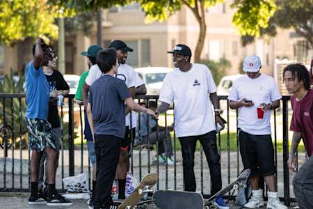 Kareem kicks it with some of his LA crew at the skatepark.