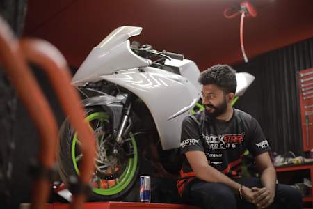Deepak 'Clutchless' Vishnu in his bike garage