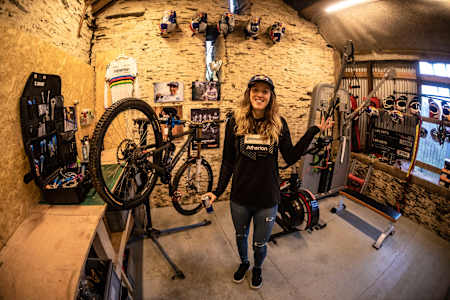 Rachel Atherton seen inside the bike workshop at Atherton HQ in Wales in 2021.
