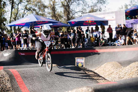 Vineta Petersone performs during Red Bull Pumptrack World Championships World Final at Santa Fe Bike Park, in Santiago, Chile on November 19th, 2022