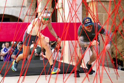 Red Bull Ibiza Royale obstacle designers Ida Mathilde Steensgaard and Sebastien 'Seb Toots' Toutant try out the course ahead of the Grand Final in Ibiza, Spain on April 8, 2025.