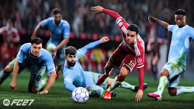 A graphic from EA Sports FC 27, showing Jamal Musiala taking on defenders.