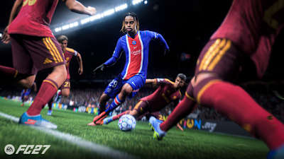 A graphic from EA Sports FC 27, showing Bradley Barcola dribbling the ball.