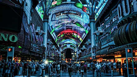 Las Vegas video screen ceiling with crowd underneath.