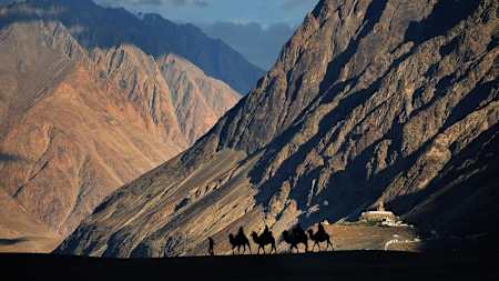 Riding camels against mountainous landscape.