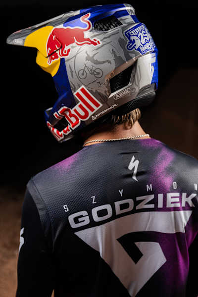Szymon Godziek poses while wearing his helmet ahead of Red Bul Rampage 2026.