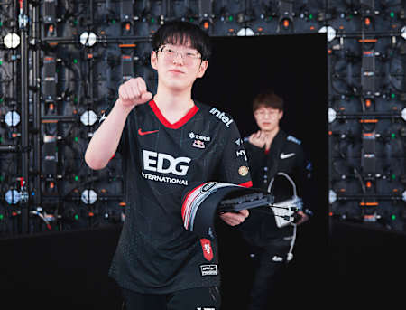 Lee 'Scout' Ye-chan of Edward Gaming walks off stage at the Worlds 2021 semi-finals.