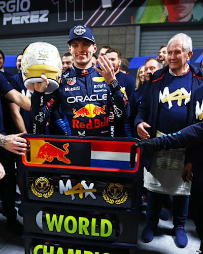 2024 F1 World Drivers Champion Max Verstappen celebrates with his team after the F1 Grand Prix of Las Vegas at Las Vegas Strip Circuit on November 23, 2024.
