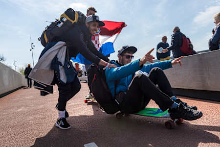 Participants arrive at the finish of Red Bull Can You Make It? in Amsterdam