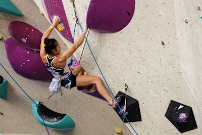 Jain Kim of Korea competes during the women's lead climbing semifinals of the IFSC Climbing World Cup at Kletterzentrum Innsbruck on June 17, 2023 in Innsbruck, Austria.