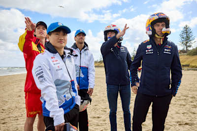 Scotty James, Max Verstappen, Sergio Perez, Yuki Tsunoda and Daniel Ricciardo are seen during the Red Bull Unserious Race in Melbourne, Australia on March 20, 2024.
