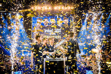 A photo of G2 Esports lifting the trophy at Intel Extreme Masters Cologne 2023 in Cologne, Germany.