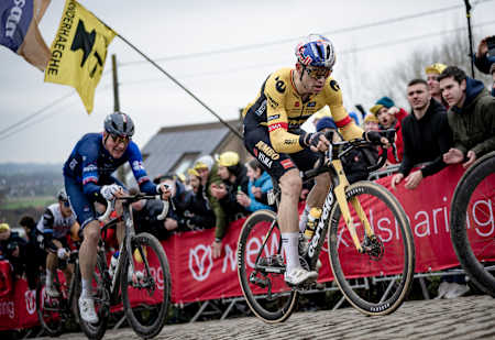 Wout van Aert coming up the Paterberg in the 107th Ronde van Vlaanderen in Belgium on 2 April 2023.