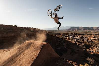 Brandon Semenuk hits a jump during Red Bull Rampage 2024 in St. George, Utah.