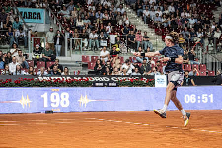 Andrey Rublev plays during Red Bull Bassline 2023 in Madrid, Spain