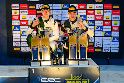 Co-driver Joonas Ojala and Vatanen celebrate Swedish success