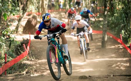 Martin Vidaurre races at the UCI XCC World Cup in Mairipora, Brazil on April 13, 2024.