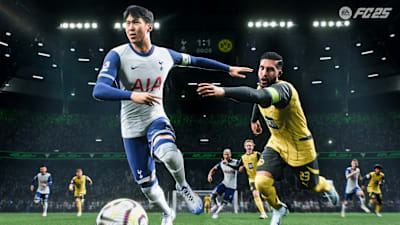 Son Heung-min of Spurs evades Emre Can of Borussia Dortmund in EA Sports FC 25.