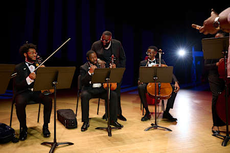 Rick Ross and Orchestra Noir during a photoshoot for Red Bull Symphonic ATL