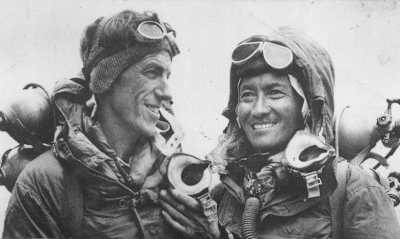 Tenzing Norgay and Edmund Hillary after successfully completing the first ascent of Mount Everest.