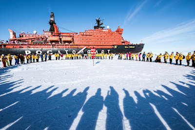 An ice-breaker polar cruise ship in the North Pole