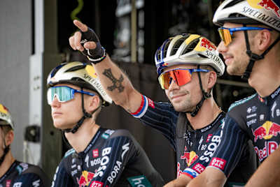 Primož Roglič greeting the crowd at the race start in Florence of the extremely hot (+34°C) stage 1 from Firenze to Rimini (ITA/206 km) of the 111th Tour de France 2024.