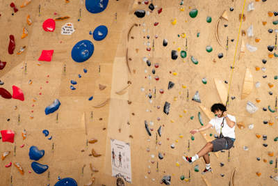 A team member takes on a climbing wall at a Checkpoint Challenge for Red Bull Can You Make It? in Vrbnje, Slovenia on May 24, 2024.