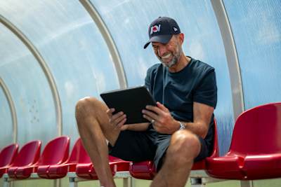 Red Bull’s Head of Global Soccer Jürgen Klopp enjoying a few moments on the bench during a photoshoot on May 23, 2026.