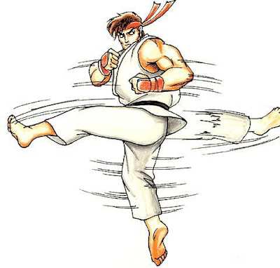 Eine Illustration von Ryus Hurricane Kick in Street Fighter 1