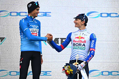 Giulio Pellizzari on the podium of Tirreno-Adriatico