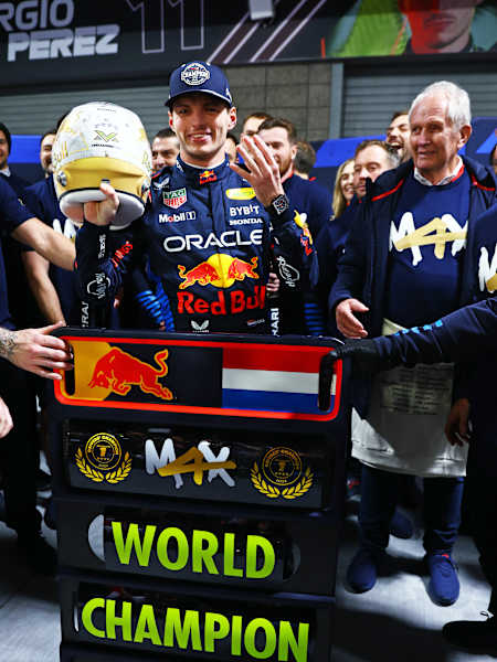 2024 F1 World Drivers Champion Max Verstappen celebrates with his team after the F1 Grand Prix of Las Vegas at Las Vegas Strip Circuit on November 23, 2024.