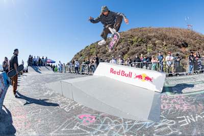 Myles Tussey hardflips at Red Bull Sky Line in San Francisco, California, USA on October 19, 2024. 