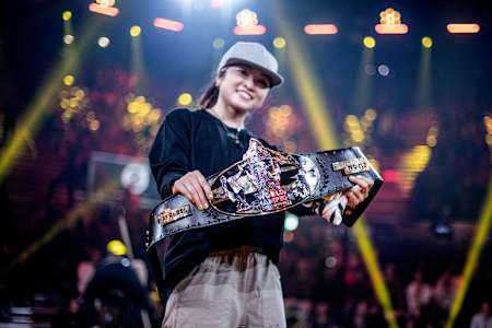 Ami of Japan holds the winner's belt during the Red Bull BC One World Final B-Girl Battle at Hallenstadion in Zurich, Switzerland, on September 29, 2018. 