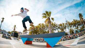 Torey Pudwill perfoms a kickflip backside smithgrind at Red Bull Drop In Euro Tour in Barcelona, Spain on September 24, 2022.