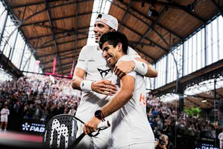 Chingotto/Galan celebrate their win at the Lotto Brussels Premier Padel P2 presented by Belfius in Brussels, Belgium, on April 28th, 2024.
