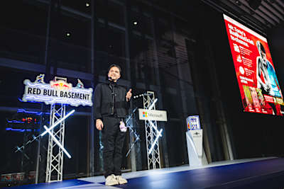 Soj Gamayon of the Philippines, global winner of Red Bull Basement 2024, pitches his AgriConnect idea at the World Final in Tokyo.